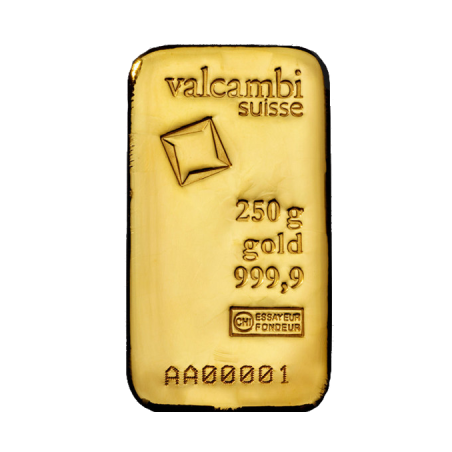 Zlatý slitek 250 g Valcambi litý