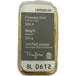 Zlatý slitek 100 g Heraeus litý